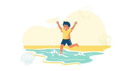 Happy boy running into the sea on a sunny beach day during summer vacation trip