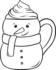 cute New Year's mug in the shape of a snowman, cocoa with whipped cream, cozy Christmas drink, simple vector black and white icon, doodle and sketch style