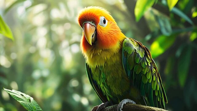 Vibrant portrait of a colorful parrot perched on a branch, set against a blurred green jungle backdrop