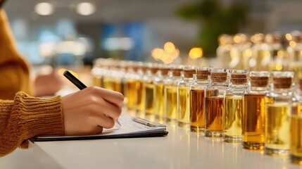 Perfumer writing down formula for new fragrance while smelling different essential oils