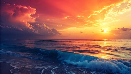 Fototapeta premium Dramatic Coastal Sunrise Waves Crashing on Shore with Fiery Sky and Clouds Reflecting Golden Light on the Water