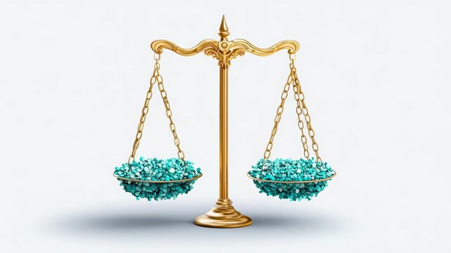 Golden balance scale with turquoise stones both sides, symbolizing justice, equality, law, and value elegant minimalistic setting, isolated white