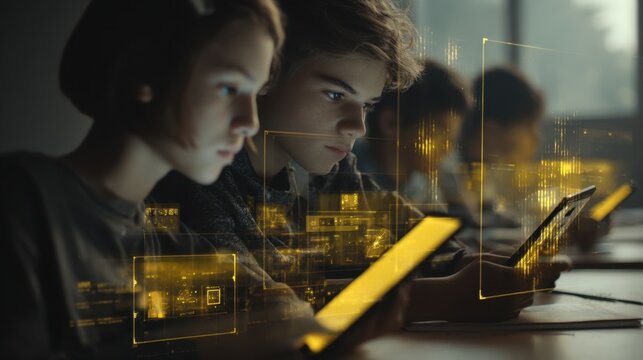 Students using futuristic tablets with augmented reality learning software