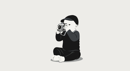 Illustration of a baby with a vintage camera taking a photo on a white background