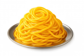 Saffron spaghetti forming a swirling mound on a silver plate, isolated on a transparent background, ready for culinary use