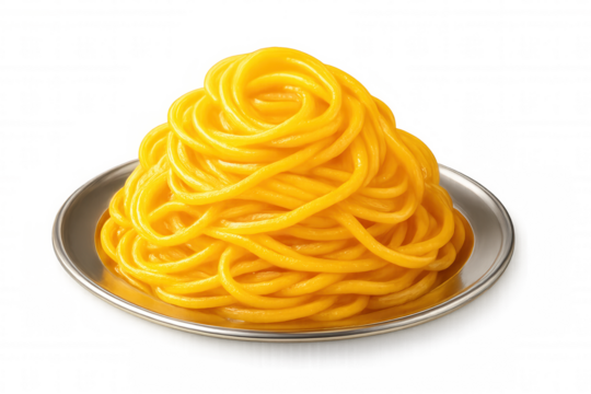 Saffron spaghetti forming a swirling mound on a silver plate, isolated on a transparent background, ready for culinary use - Powered by Adobe