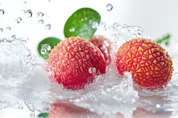 Fresh lychees with a splash of water on a white background, highlighting their unique texture