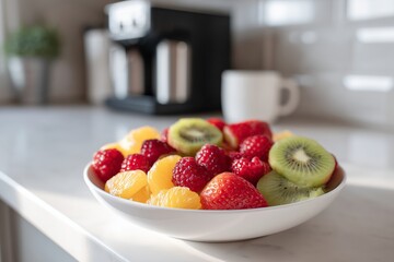 Bowl of mixed fruit on office kitchen counter in natural light, clean inviting composition