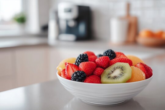 Bowl of mixed fruit on office kitchen counter in natural light, clean inviting composition - Powered by Adobe