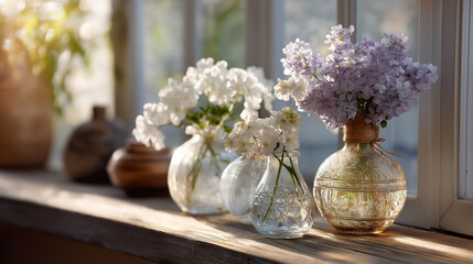 Vases with flowers, the elegant scene illuminated by gentle sunlight. Vases, flowers, with copy space
