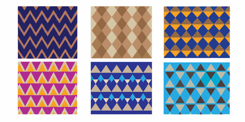 Collection of six geometric patterns featuring zigzag and diamond shapes in various color palettes