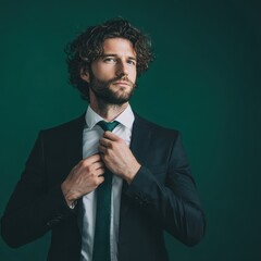 ambitious young professional adjusting tie  confident stance against deep green career background

