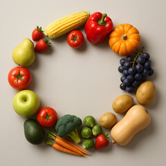 Colorful Harvest: A vibrant array of fresh, organic fruits and vegetables artfully arranged in a circular composition, showcasing the bounty of a healthy harvest, ripe with natural goodness.
