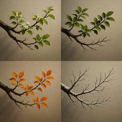 Seasons of Branch: A detailed illustration showcases the cyclical transformation of a tree branch, evolving through spring's blossoms, summer's lush leaves, autumn's fiery hues.