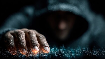 Close-up of hooded figure's hand hovering over glowing digital data