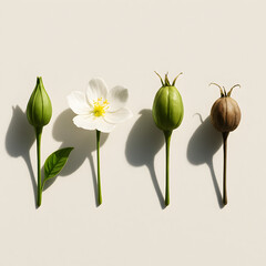 Flower Life Cycle: Capturing the ephemeral beauty of a flower's journey from bud to seed. Showing the stages of blossoming, the delicate cycle in a minimalist display.