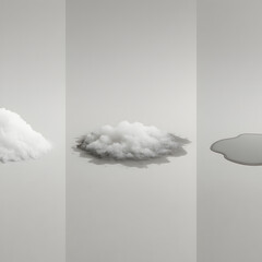 The Three Stages of Clouds: A minimal and artistic representation of the life cycle of clouds, progressing from a pile of cloud to a condensed form and finally transforming into water.