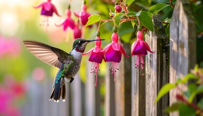 Fototapeta premium A hummingbird hovers in flight, nectar-feeding from vibrant fuchsia flowers, against a weathered wooden fence.