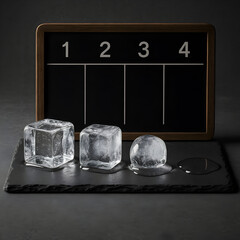 Ice Cubes in Progress: A visual narrative of transformation unfolds, with ice cubes in various states, from sharp-edged blocks to a melting sphere, accompanied by a chalkboard.