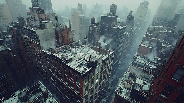 High angle shot of a devastated cityscape during a snow storm. Smoke billows from damaged buildings amidst the gloomy, winter weather