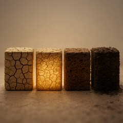 Soil Sample Stages: A striking close-up reveals a quartet of soil samples, each showcasing a distinct stage in soil composition, illuminated to emphasize the unique characteristics of each.