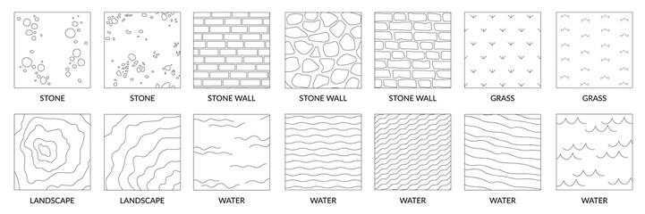 Landscape geographic icons depicting stone, a stone wall, land, water, and grassy terrain vector texture