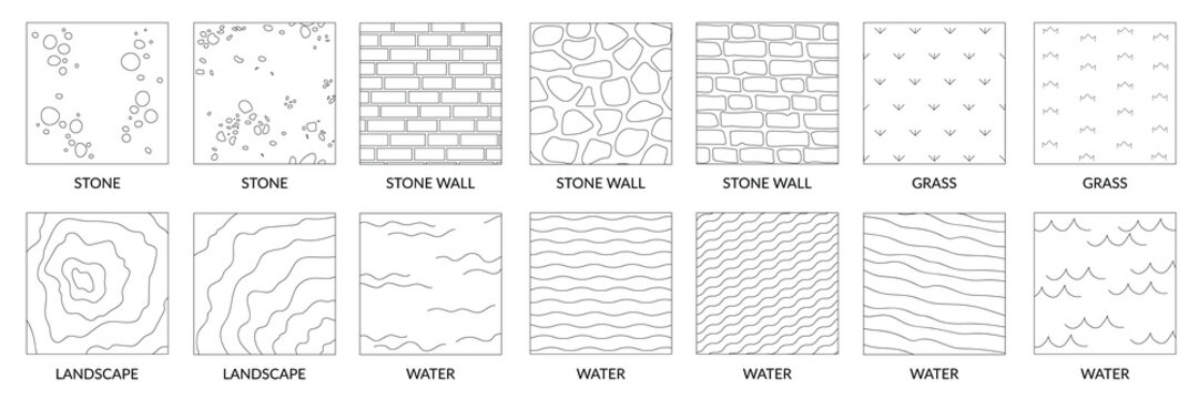 Landscape geographic icons depicting stone, a stone wall, land, water, and grassy terrain vector texture