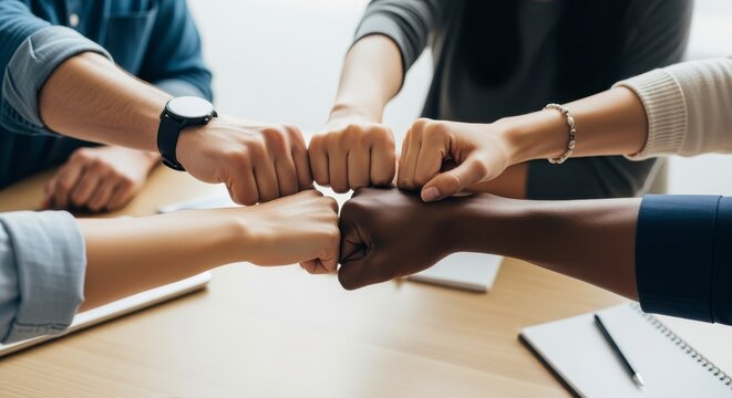 A group of diverse hands performing a fist bump, symbolizing teamwork and collaboration in a professional setting.