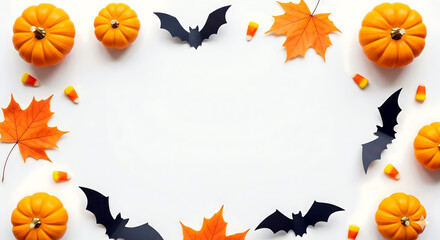 Obraz premium Halloween flat lay layout frame with pumpkins, spiders, web, confetti, and paper straws on festive background