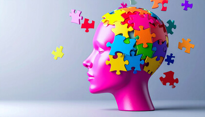 Human Head Sculpture Covered with Colorful Jigsaw Puzzle Pieces