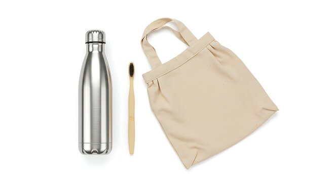 Itens essenciais para uma vida sustent&aacute;vel: garrafa reutiliz&aacute;vel, escova de dentes e bolsa de tecido em branco