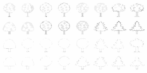 Collection of stylized trees in various stages of detail and outline on a white background