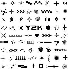 Y2K aesthetic vector icons set, retro futuristic symbols, abstract star shapes, sparkle elements, arrows, digital geometric design, cyber tech minimal black silhouettes for trendy graphic design