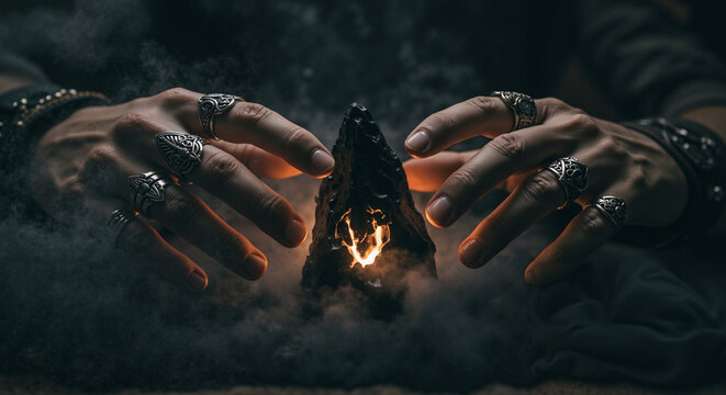 Hands performing dark sorcery with black smoke and cursed artifact, the concept of Halloween