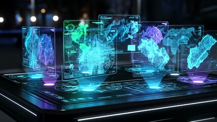 Holographic displays show interactive global maps projected onto a futuristic surface. - Powered by Adobe