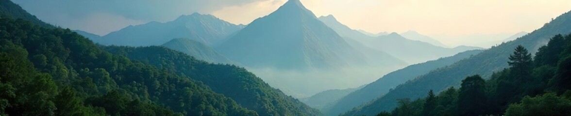 Obraz premium Majestic mountain range shrouded in a lush, dense forest, sunlight filtering through the canopy, creating a mystical atmosphere Tranquil scene of nature's grandeur , elevation, earth