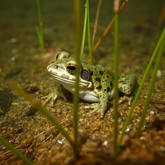 Fototapeta premium Green spotted frog with striking red eyes sits on gravelly ground amidst aquatic plants
