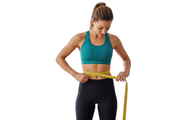 Fit woman measures waist with tape measure focused on health and fitness goals transparent background