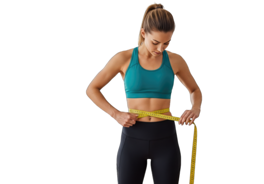 Fit woman measures waist with tape measure focused on health and fitness goals transparent background