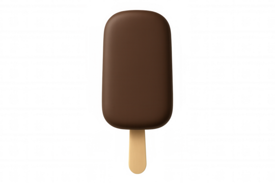 Chocolate ice cream bar sitting on wooden stick, rendered in crisp 3d detail against transparent backdrop