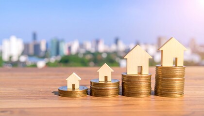 Wooden houses on stacks of coins, city background