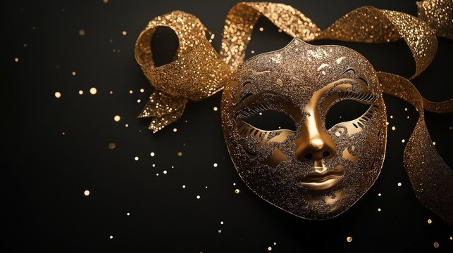 Golden masquerade masks on black background, elegant and mysterious ball theme.