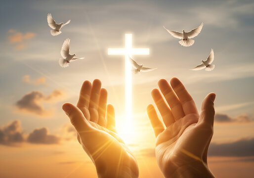 Human hands reaching in prayer towards a divine cross and the hand of God in a heavenly sky