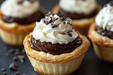 Puff pastry cups filled with chocolate pudding and topped with whipped cream