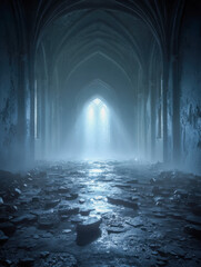 Abandoned gothic cathedral interior with shattered stone floor illuminated by ethereal light streaming through high arched windows in a mysterious foggy atmosphere