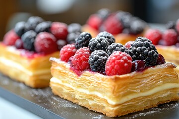 Puff pastry dessert bars filled with mixed berries and topped with a crumbly streusel