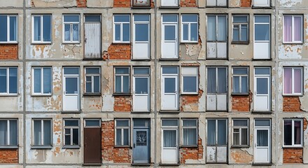 Distressed Apartment Building Facade with Windows