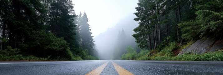 Misty forest road through lush green pine trees on a foggy day
