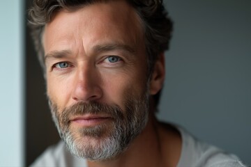 Fototapeta premium Caucasian mature male with beard and blue eyes in thoughtful expression