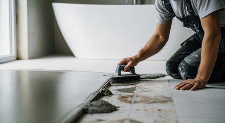 Side angle of a craftsman carefully trowelling microcement over bathroom floor tiles blending edges for a continuous surface effect.